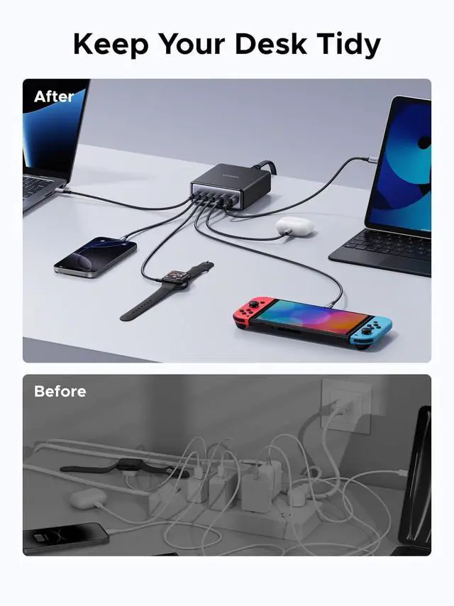 Alt view image 7 of 7 - UGREEN 100W USB C Charging Station, 6-Port GaN Desktop Charger with 4 USB-C & 2 USB-A, Smart Power Distribution for MacBook Pro/Air, Dell XPS, iPad, iPhone 17/16/15, Galaxy S25/S24, Pixel 10/9