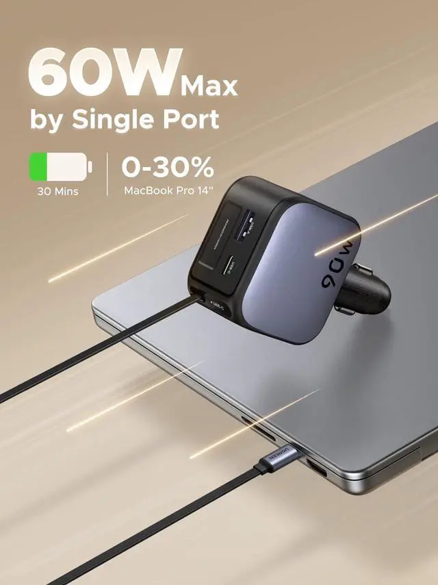Alt view image 3 of 7 - 90W Retractable Car Charger, 3 Port USB C Phone Charger Fast Charging with Type C Cable, Cigarette Lighter Adapter Compatible with MacBook, iPhone 17 16 15 Pro Max, Galaxy S25 S24 Ultra, iPad