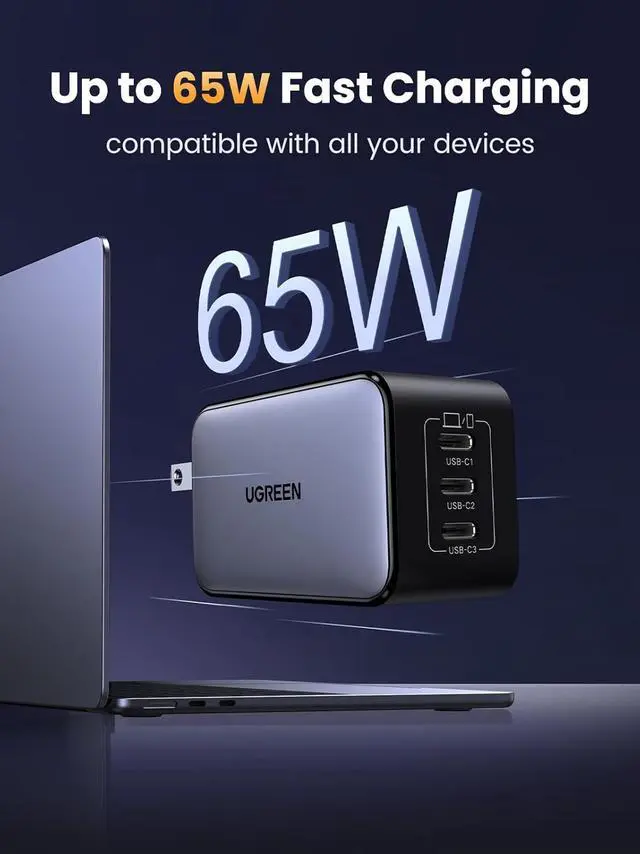 Alt view image 2 of 7 - Nexode 65W GaN USB C Wall Charger, 3-Port Type-C Fast Power Adapter Compatible with iPhone 17/16/15 Series, Galaxy S25/S24, Pixel 10/9, MacBook Pro/Air, iPad Pro/Air, Steam Deck