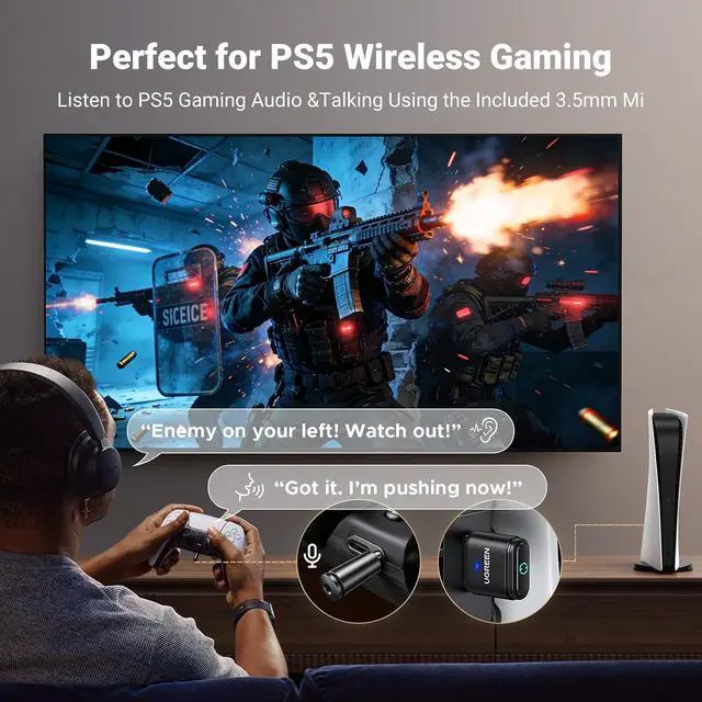 Alt view image 2 of 7 - UGREEN Bluetooth 5.3 Adapter for PS4 PS5 USB Audio Transmitter APTX Connecting Bluetooth Headphones to PS5, PS4, Switch, PC, Wireless Audio Adapter (Plug & Play)