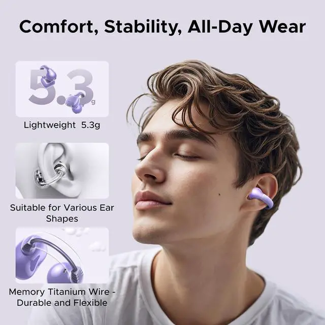 Alt view image 2 of 7 - HiTune S3 Open Ear Earbuds Bluetooth 5.4 Clip On Wireless Headphones ENC Mic for Clear Calls 30H Playtime IPX5 Waterproof Earphones for Running Workout, Cyclists, Compatible with iPhone, Purple