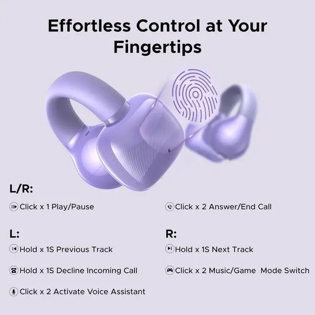Alt view image 6 of 7 - HiTune S3 Open Ear Earbuds Bluetooth 5.4 Clip On Wireless Headphones ENC Mic for Clear Calls 30H Playtime IPX5 Waterproof Earphones for Running Workout, Cyclists, Compatible with iPhone, Purple