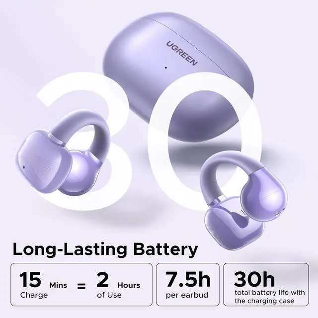 Alt view image 5 of 7 - HiTune S3 Open Ear Earbuds Bluetooth 5.4 Clip On Wireless Headphones ENC Mic for Clear Calls 30H Playtime IPX5 Waterproof Earphones for Running Workout, Cyclists, Compatible with iPhone, Purple