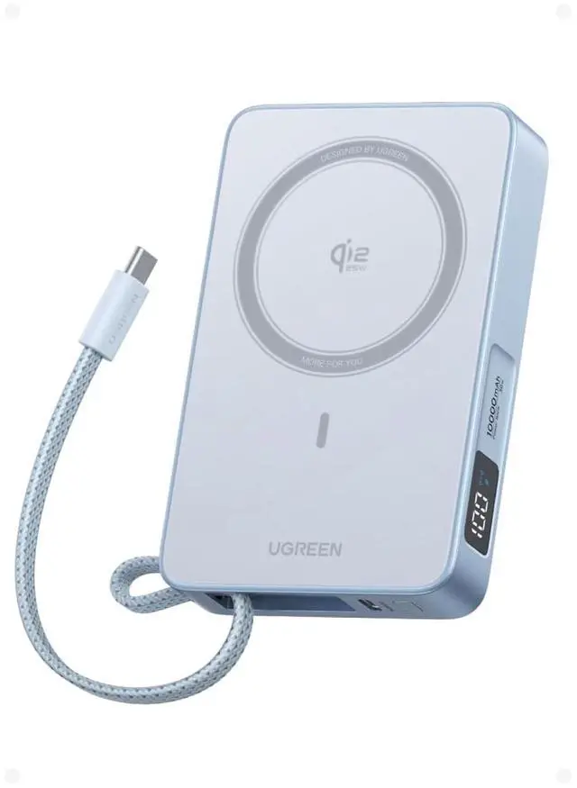 Main image of UGREEN MagFlow 10000mAh Qi2 25W Wireless Power Bank Built-in Cable | Qi2 25W fastest wireless, built-in cable, 30W PD wired. MagSafe compatible. for 17/12