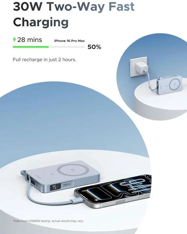 Alt view image 3 of 7 - UGREEN MagFlow 10000mAh Qi2 25W Wireless Power Bank Built-in Cable | Qi2 25W fastest wireless, built-in cable, 30W PD wired. MagSafe compatible. for 17/12