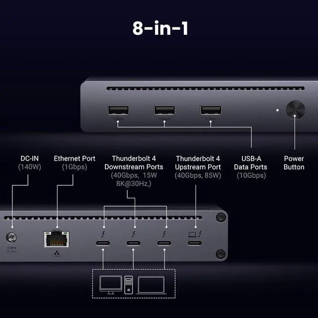 Alt view image 2 of 7 - Thunderbolt 4 Dock 8-in-1 40Gbps TB4 Hub 3 x TB 4 Dual 4K@60Hz or Single 8K Display, 85W Charging, Gigabit Ethernet, 3 x USB A 3.2. Revodok Max 208 for Mac M1/M2/M3/M4 Pro/Max
