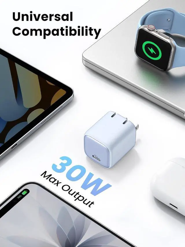Alt view image 5 of 6 - 30W USB C Charger, Nexode Foldable GaN PPS Compact Fast Wall Charger Block, USB-C Power Adapter for iPhone 17/16/15/14, Galaxy S25/S24/S23, Pixel 9/8/7, MacBook Air, iPad(Blue)