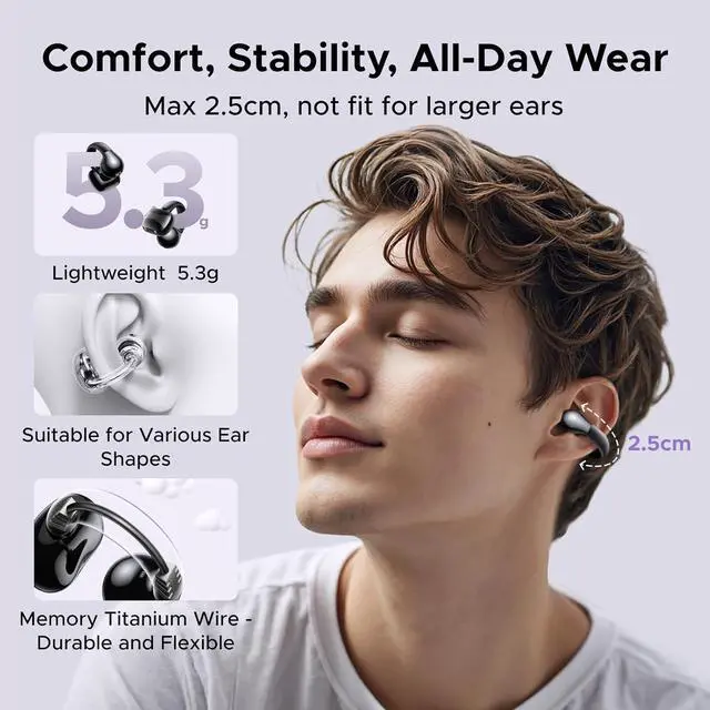 Alt view image 2 of 7 - HiTune S3 Open Ear Earbuds Bluetooth 5.4 Clip On Wireless Headphones ENC Mic for Clear Calls 30H Playtime IPX5 Waterproof Earphones for Running Workout, Cyclists, Compatible with iPhone, Black