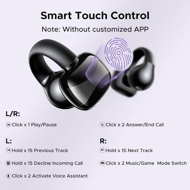 Alt view image 6 of 7 - HiTune S3 Open Ear Earbuds Bluetooth 5.4 Clip On Wireless Headphones ENC Mic for Clear Calls 30H Playtime IPX5 Waterproof Earphones for Running Workout, Cyclists, Compatible with iPhone, Black