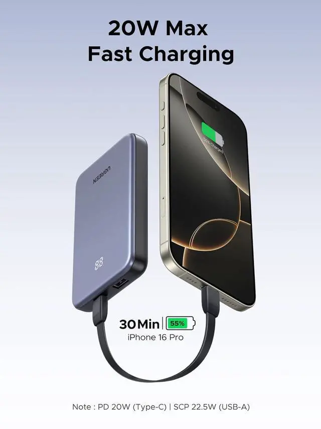 Alt view image 3 of 7 - Power Bank 10,000mAh 22.5W, Compact Portable Charger USB-C PD3.0 Travel Fast Charging Battery Pack with Digital Display for iPhone 17/16/15/14/13/12 Pro Max, Galaxy S25/S24 Ultra