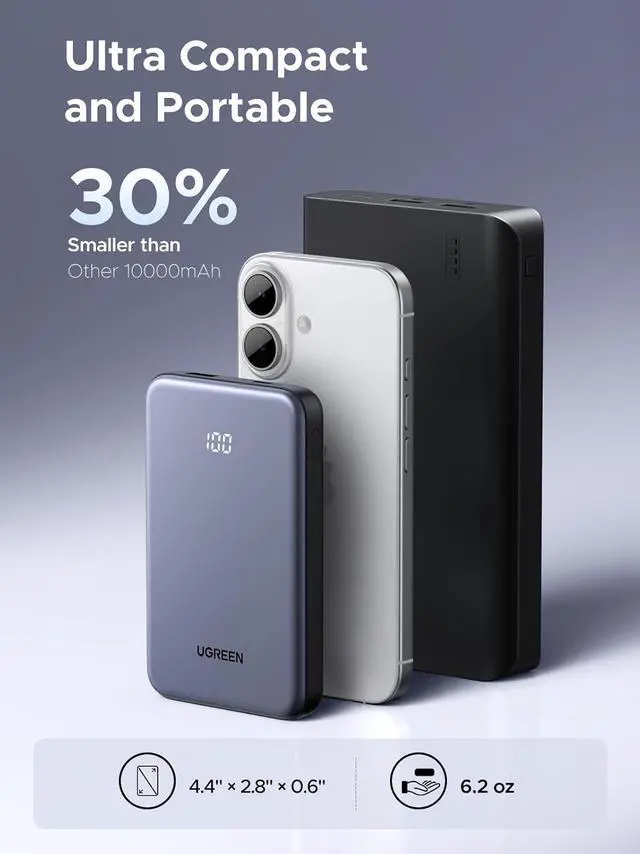 Alt view image 2 of 7 - Power Bank 10,000mAh 22.5W, Compact Portable Charger USB-C PD3.0 Travel Fast Charging Battery Pack with Digital Display for iPhone 17/16/15/14/13/12 Pro Max, Galaxy S25/S24 Ultra
