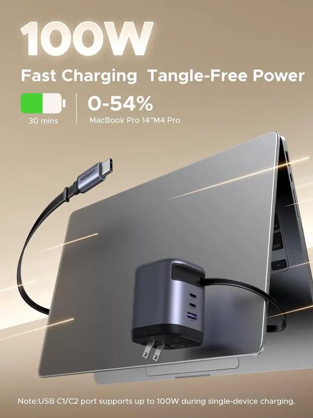 Alt view image 3 of 7 - UGREEN Nexode 100W GaN 3-Port USB-C Charger for MacBook & iPhone