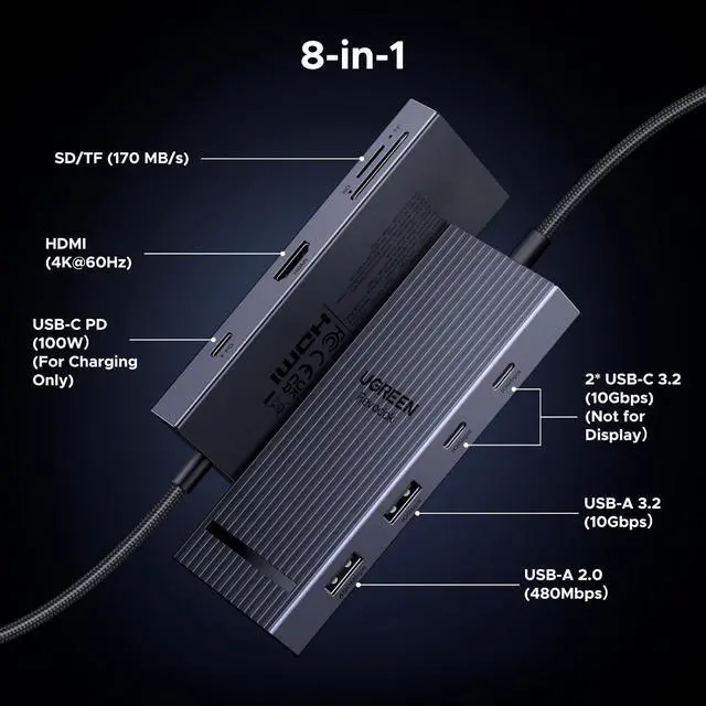 Alt view image 2 of 7 - Revodok Pro USB C Hub for Laptop 8 in 1 MacBook Docking Station 4K 60Hz HDMI, 100W PD Charging, USB-C & USB-A 10Gbps Data Ports, SD/TF Card Reader for MacBook Neo/Pro/Air, XPS, Thinkpad