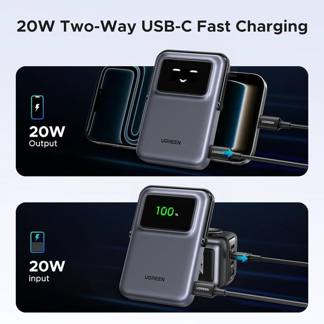 Alt view image 3 of 7 - Uno 10000mAh Magnetic Portable Charger, Qi 7.5W Wireless Power Bank, PD 20W USB C Battery Pack with Foldable Stand and TFT Display MagSafe Compatible iPhone 17/16 /15/14/13/12 Series, Black