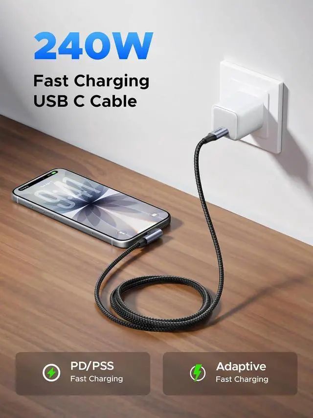 Alt view image 2 of 7 - 240W USB C to USB C Cable, 90-Degree Right Angle, PD 3.1 Fast Charging Braided Cord, with E-Marker Chip for MacBook Pro/Air, iPhone 17/16/15, iPad, Galaxy S26/S25, Steam Deck, 3.3FT