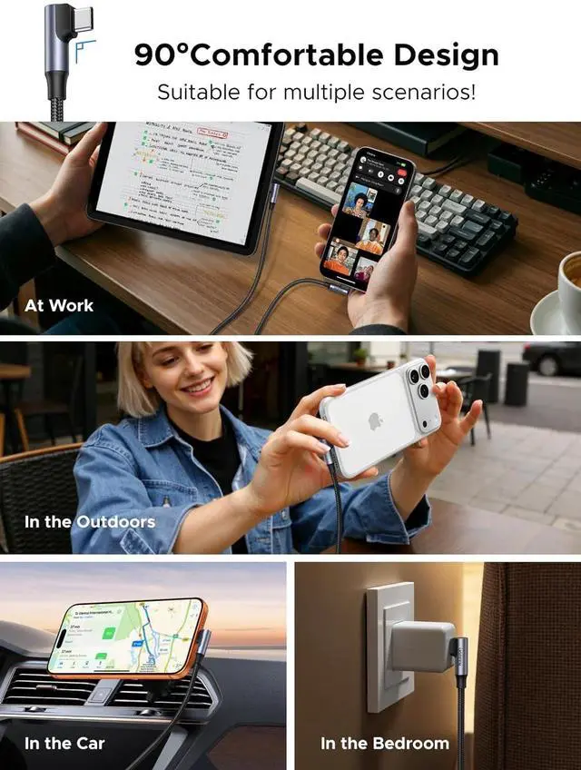 Alt view image 5 of 7 - 240W USB C to USB C Cable, 90-Degree Right Angle, PD 3.1 Fast Charging Braided Cord, with E-Marker Chip for MacBook Pro/Air, iPhone 17/16/15, iPad, Galaxy S26/S25, Steam Deck, 3.3FT