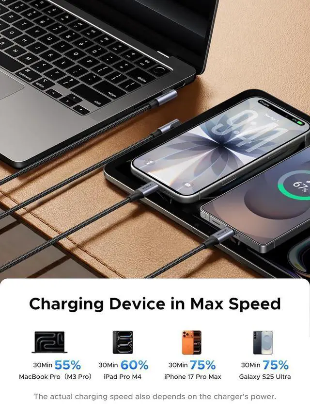 Alt view image 3 of 7 - 240W USB C to USB C Cable, 90-Degree Right Angle, PD 3.1 Fast Charging Braided Cord, with E-Marker Chip for MacBook Pro/Air, iPhone 17/16/15, iPad, Galaxy S26/S25, Steam Deck, 3.3FT