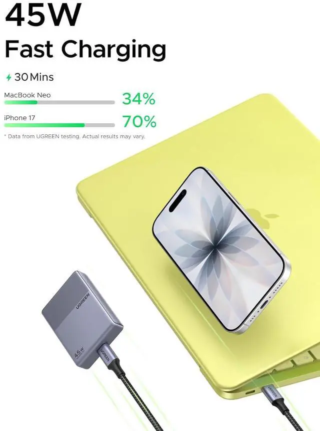Alt view image 2 of 7 - Nexode Air 45W USB C Charger Block, Flat USBC Wall Charger, Ultra Slim and Foldable Plug Power Adapter for iPhone 17 16, Galaxy S26/S25, iPad, MacBook Air/Neo/Pro, Grey