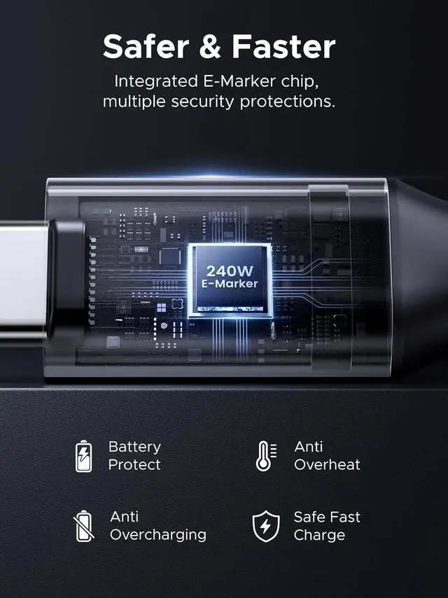 Alt view image 6 of 7 - 240W USB C to USB C Cable, 90-Degree Right Angle, PD 3.1 Fast Charging Braided Cord, with E-Marker Chip for MacBook Pro/Air, iPhone 17/16/15, iPad, Galaxy S26/S25, Steam Deck, 3.3FT