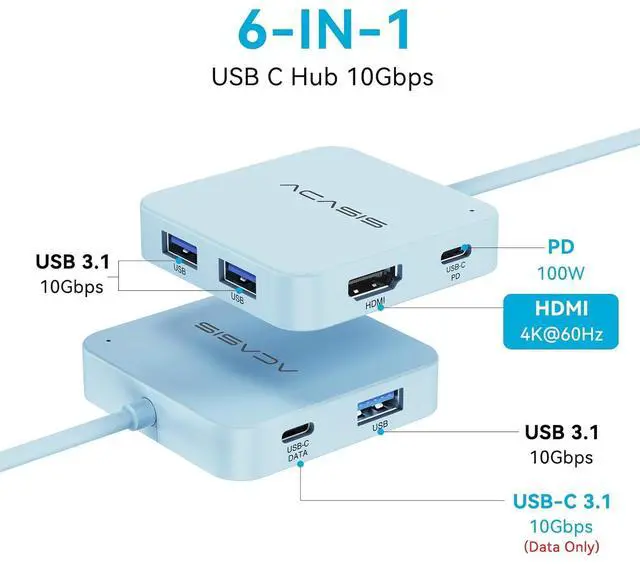 Alt view image 2 of 6 - USB C Hub 10Gbps, Multiport Adapter with 4K 60Hz HDMI, 100W Power Delivery, 3 USB A3.1+1 USB-C 3.1 Data Port, USB to HDMI Adapter for MacBook, Dell, Lenovo, Surface, iPad PRO, XPS(Grey)
