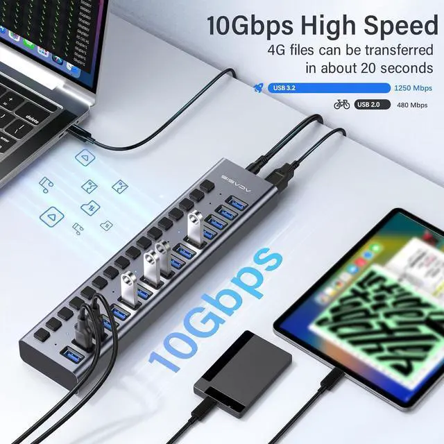 Alt view image 3 of 7 - Powered USB 3.2 Hub, 10 Ports USB 3.2 Hub with 10Gbps Data Speed, Aluminum Housing, USB Hub Powered with 48W Power Adapter, USB Hub for PC/Laptop, Computer, Flash Drive, Printer, Camera