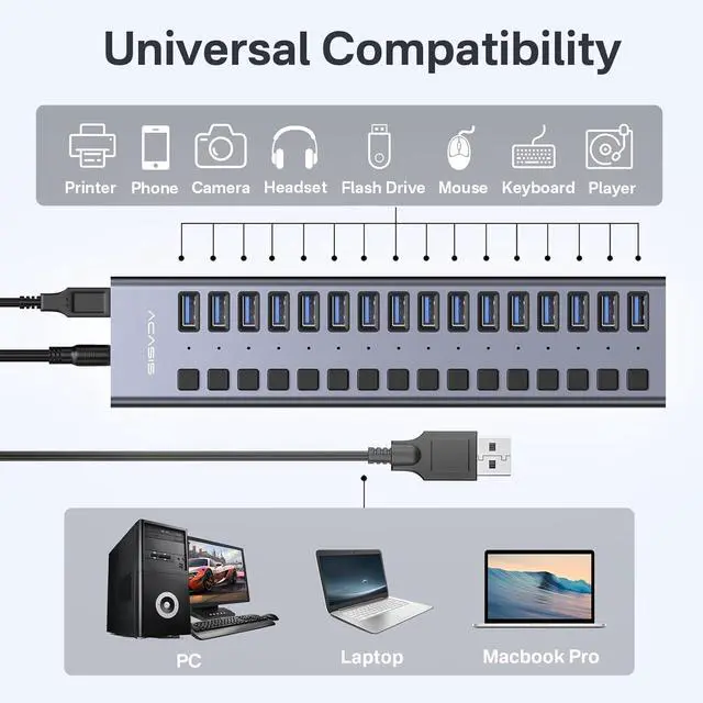 Alt view image 6 of 7 - Powered USB 3.2 Hub, 10 Ports USB 3.2 Hub with 10Gbps Data Speed, Aluminum Housing, USB Hub Powered with 48W Power Adapter, USB Hub for PC/Laptop, Computer, Flash Drive, Printer, Camera