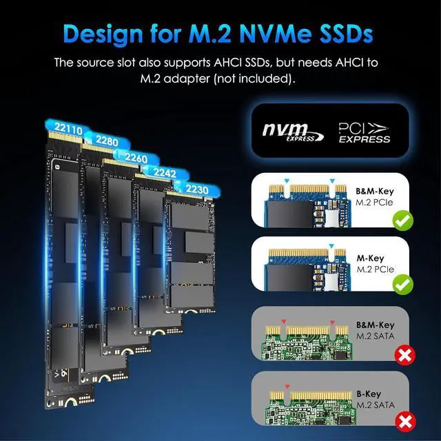 Alt view image 4 of 6 - M.2 NVMe SSD Cloner Dock, 10Gbps Dual-Bay NVMe to USB-C/A Enclosure, Supports Offline Clone, UASP, Design for M-Key or M+B Key SSDs in Size 2230/2242/2260/2280/22110, SSD Not Include
