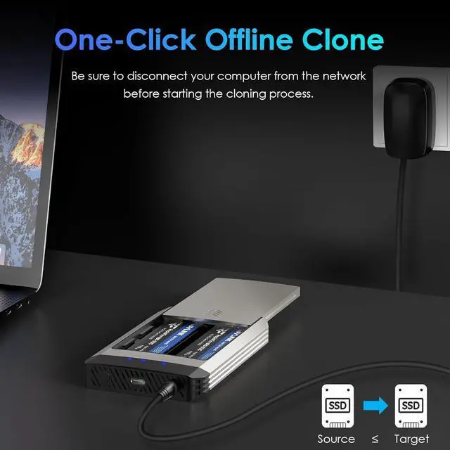 Alt view image 2 of 7 - M.2 SSD Cloner, 20Gbps NVMe Cloner Dual-Bay SSD Enclosure, Tool-Free M.2 Duplicator for SSDs PCIe Sizes 2230/2242/2260/2280, Supports Offline Clone, Compatible with NVMe, up to 8TB per Drive