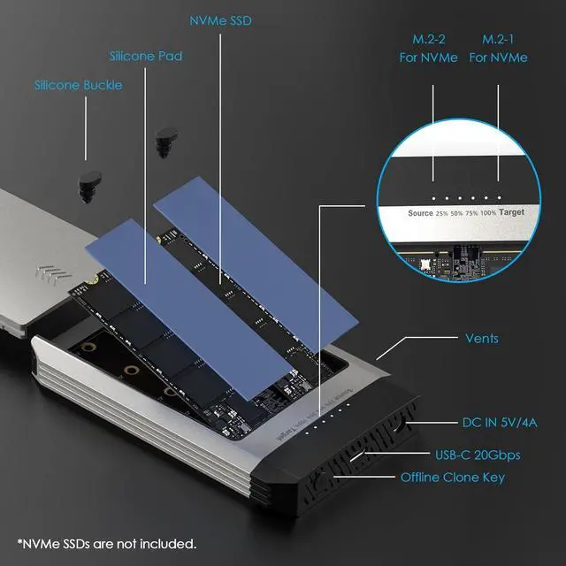Alt view image 5 of 7 - M.2 SSD Cloner, 20Gbps NVMe Cloner Dual-Bay SSD Enclosure, Tool-Free M.2 Duplicator for SSDs PCIe Sizes 2230/2242/2260/2280, Supports Offline Clone, Compatible with NVMe, up to 8TB per Drive