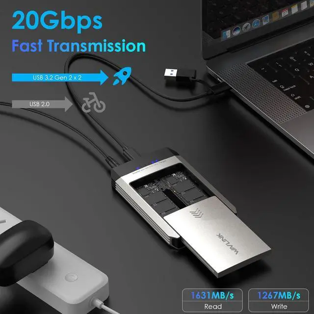 Alt view image 3 of 7 - M.2 SSD Cloner, 20Gbps NVMe Cloner Dual-Bay SSD Enclosure, Tool-Free M.2 Duplicator for SSDs PCIe Sizes 2230/2242/2260/2280, Supports Offline Clone, Compatible with NVMe, up to 8TB per Drive