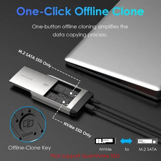 Alt view image 2 of 7 - M.2 SSD Cloner, NVMe Cloner Dual-Bay SSD Enclosure, 10Gbps Tool-Free M.2 Duplicator Supports SATA to NVMe and NVM e to SATA, SSD Reader for 2230/2242/2260/2280 SSDs, up to 8TB per Drive