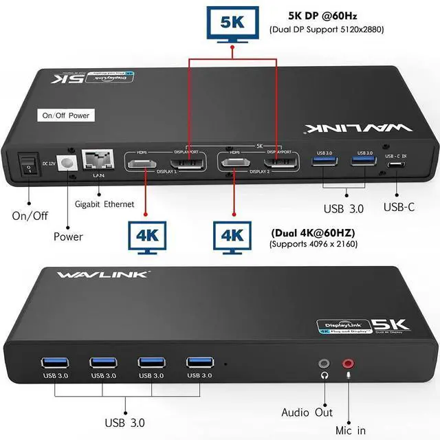 Alt view image 3 of 5 - USB C Universal Laptop Docking Station, Dual 4K@60Hz Display & 5K Single Video Display for Laptop and PCs (2x4K@60Hz HDMI, 2x 4K@60Hz Display Port, Gigabit Ethernet, 6 USB 3.0, Audio)