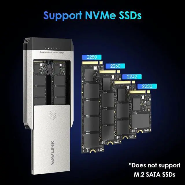 Alt view image 4 of 7 - M.2 SSD Cloner, 20Gbps NVMe Cloner Dual-Bay SSD Enclosure, Tool-Free M.2 Duplicator for SSDs PCIe Sizes 2230/2242/2260/2280, Supports Offline Clone, Compatible with NVMe, up to 8TB per Drive
