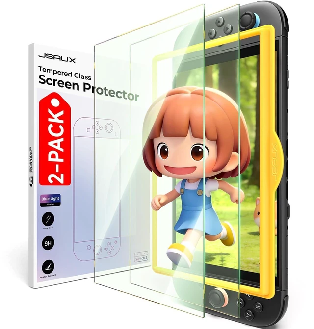 Main image of 2-Pack 97% Blue Light Blocking Tempered Glass Screen Protector for Nintendo Switch 2, Easy to Install with Guide Frame, Eye Strain Relief, 9H Hardness Scratch Resistant Accessories for Switch2