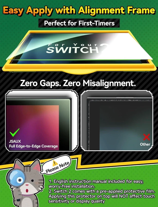 Alt view image 4 of 7 - 2-Pack 97% Blue Light Blocking Tempered Glass Screen Protector for Nintendo Switch 2, Easy to Install with Guide Frame, Eye Strain Relief, 9H Hardness Scratch Resistant Accessories for Switch2