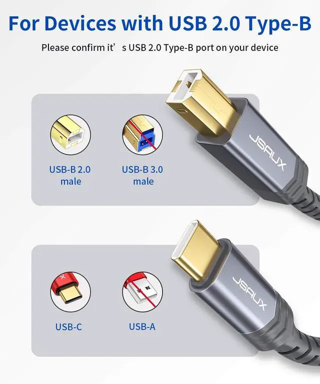 Alt view image 2 of 7 - 10ft USB C to USB B Printer Cable - Nylon Braided, Compatible with MacBook Pro, HP, Epson, Canon, Brother, Lexmark, Xerox Printers and Scanners - Grey