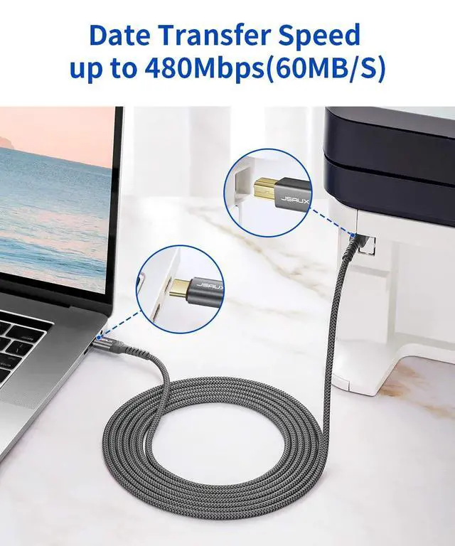 Alt view image 3 of 7 - 10ft USB C to USB B Printer Cable - Nylon Braided, Compatible with MacBook Pro, HP, Epson, Canon, Brother, Lexmark, Xerox Printers and Scanners - Grey