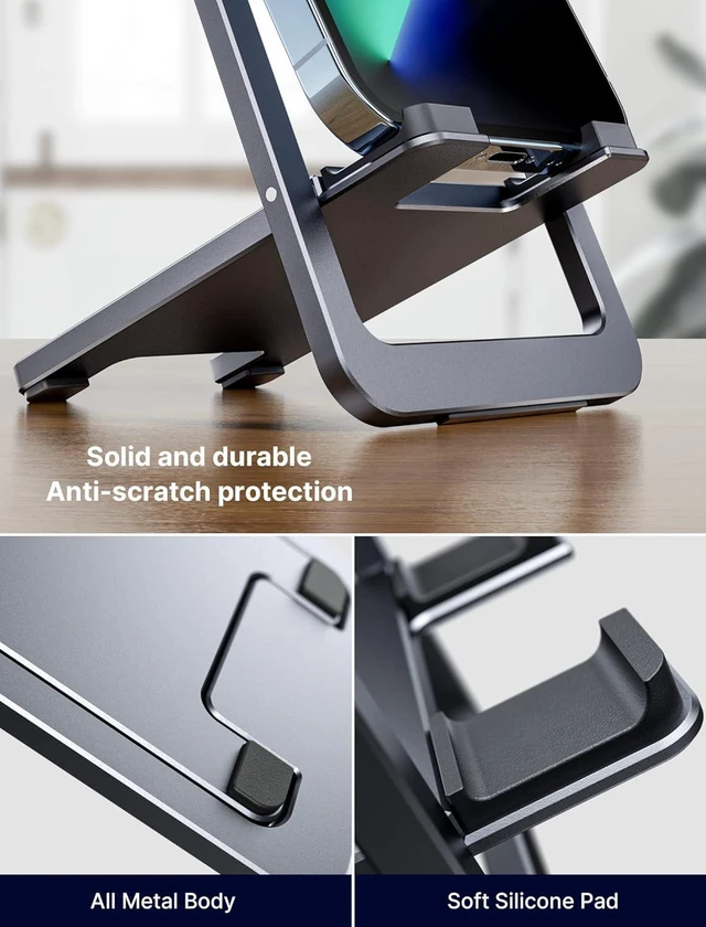 Alt view image 5 of 7 - Cell Phone Stand 2-Pack, Foldable Aluminum Adjustable Phone Holder for Desk Portable Travel Essentials Office Accessories for iPhone 17 16 15 14 13 Pro Max Samsung S25 S24 S23 Ultra Kindle-Gray