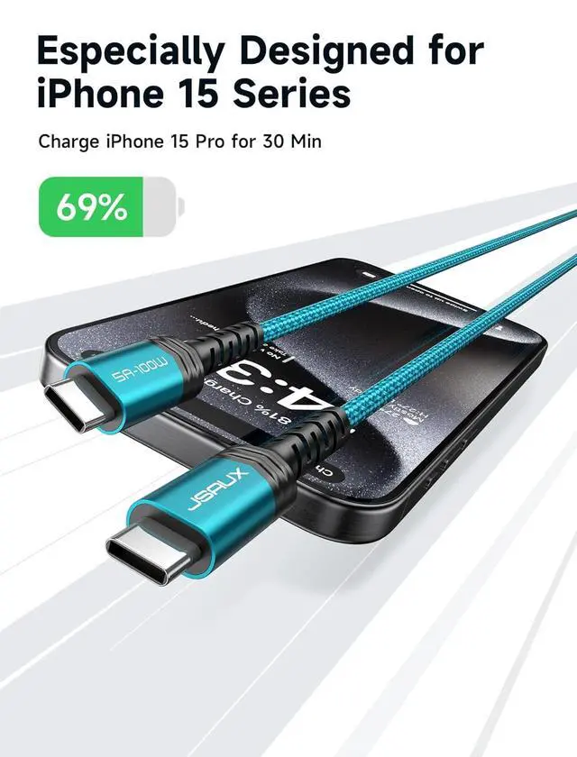 Alt view image 4 of 6 - 100W USB C to USB C Cable for iPhone 17, USBC Type C Charge Cord 5A Fast Charging Compatible with iPhone 17 Air 16 15 Pro Max Samsung Galaxy S25 S24 MacBook iPad Carplay (2-Pack, 6.6ft) Green