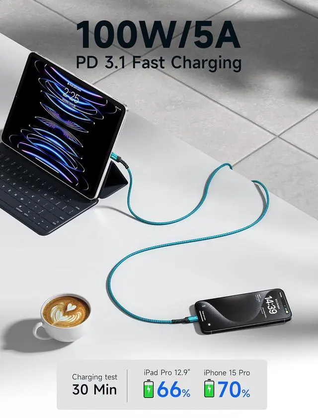 Alt view image 2 of 6 - 100W USB C to USB C Cable for iPhone 17, USBC Type C Charge Cord 5A Fast Charging Compatible with iPhone 17 Air 16 15 Pro Max Samsung Galaxy S25 S24 MacBook iPad Carplay (2-Pack, 6.6ft) Green
