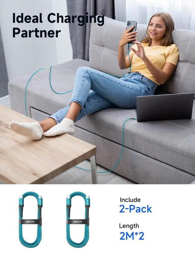 Alt view image 6 of 6 - 100W USB C to USB C Cable for iPhone 17, USBC Type C Charge Cord 5A Fast Charging Compatible with iPhone 17 Air 16 15 Pro Max Samsung Galaxy S25 S24 MacBook iPad Carplay (2-Pack, 6.6ft) Green