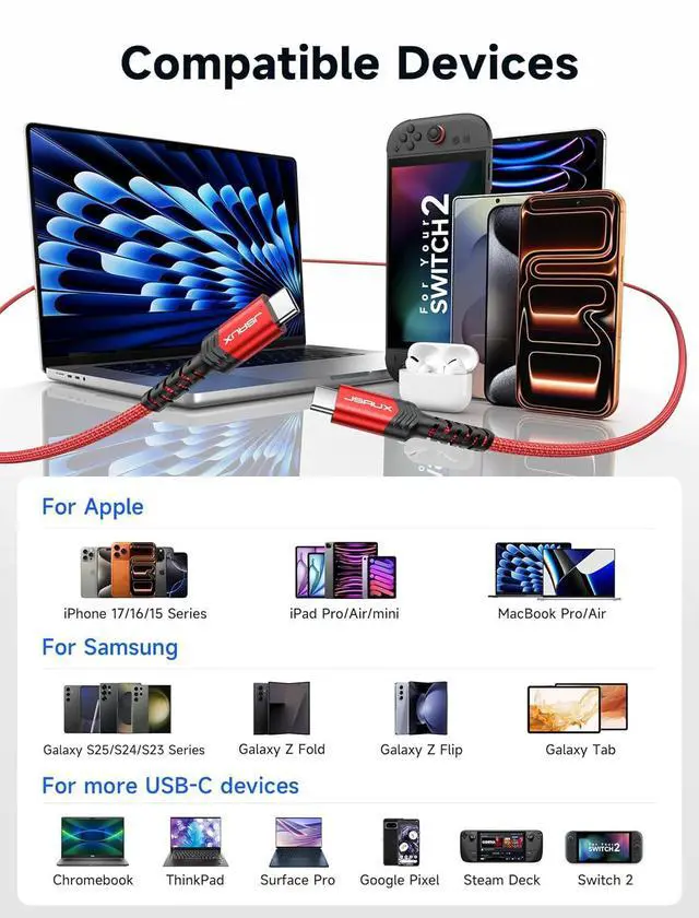 Alt view image 4 of 7 - 100W USB C to USB C Cable for iPhone 17, USBC Type C Charge Cord 5A Fast Charging Compatible with iPhone 17 Air 16 15 Pro Max Samsung Galaxy S25 S24 MacBook iPad Pro Carplay (2-Pack, 10ft) Red