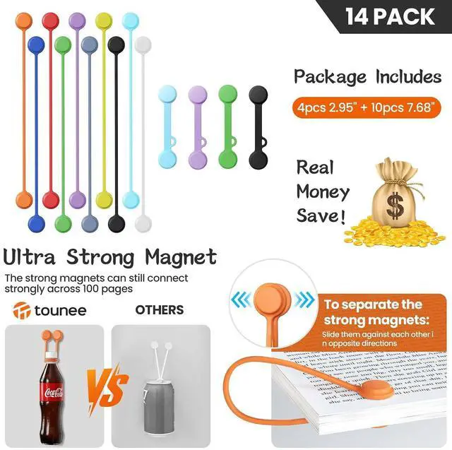 Alt view image 5 of 7 - Reusable Silicone Magnetic Cable Ties - 2 Sizes Combo (4pcs 2.95'' + 10pcs 7.68'') - Multi-Purpose for Cable Bundling, Organizing, Bookmarks & Fridge Magnets - Assorted Colors, 14-Pack