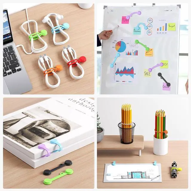 Alt view image 7 of 7 - Reusable Silicone Magnetic Cable Ties - 2 Sizes Combo (4pcs 2.56'' + 20pcs 7.16'') - Multi-Purpose for Cable Bundling, Organizing, Bookmarks & Fridge Magnets - Assorted Colors, Pack of 24