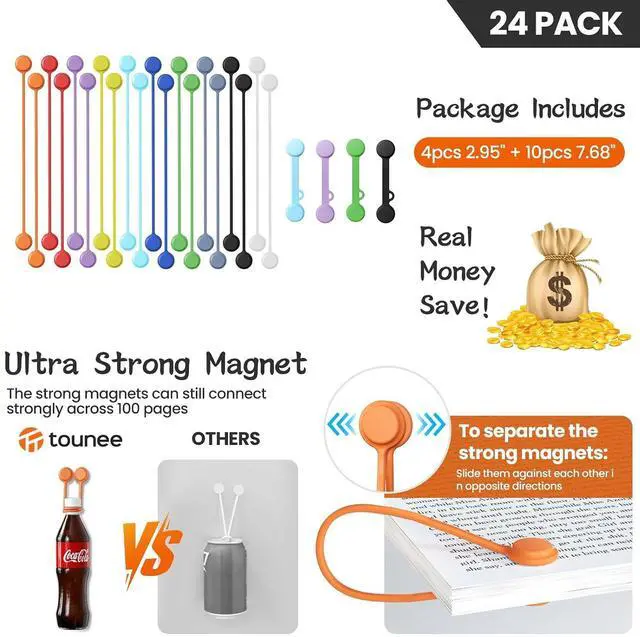 Alt view image 5 of 7 - Reusable Silicone Magnetic Cable Ties - 2 Sizes Combo (4pcs 2.56'' + 20pcs 7.16'') - Multi-Purpose for Cable Bundling, Organizing, Bookmarks & Fridge Magnets - Assorted Colors, Pack of 24