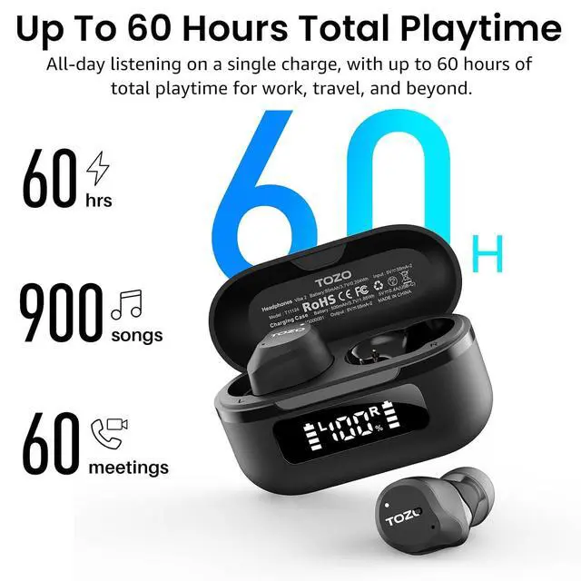 Alt view image 4 of 7 - NC9 Hybrid Active Noise Cancelling Wireless Earbuds, 6 Mics ENC Clear Call, IPX8 Waterproof, in Ear Bluetooth 5.3 Headphones Stereo Bass Ear Buds 60H Playtime with LED Display 32 EQs via APP