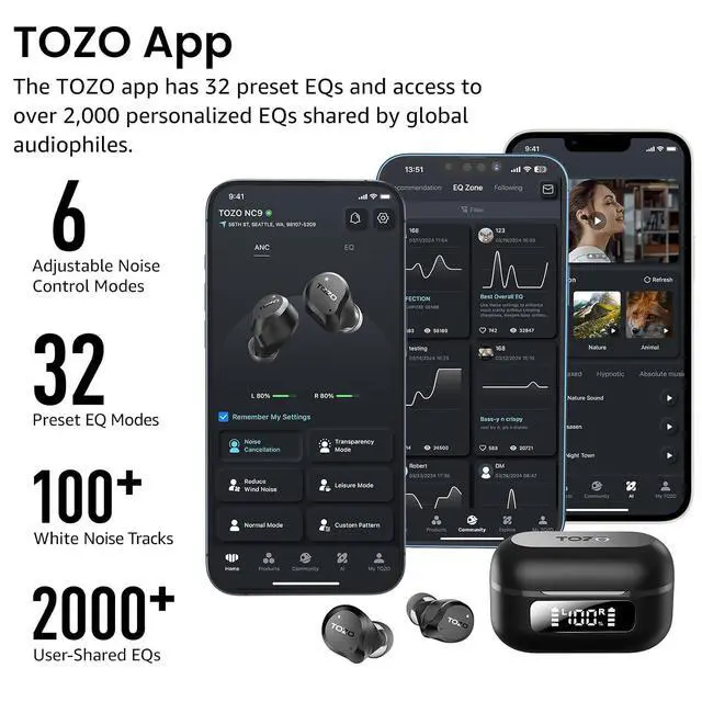 Alt view image 6 of 7 - NC9 Hybrid Active Noise Cancelling Wireless Earbuds, 6 Mics ENC Clear Call, IPX8 Waterproof, in Ear Bluetooth 5.3 Headphones Stereo Bass Ear Buds 60H Playtime with LED Display 32 EQs via APP