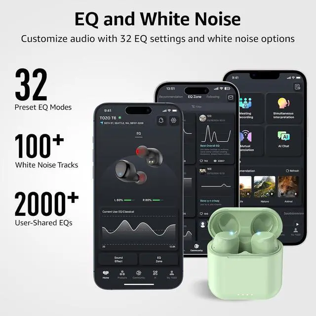 Alt view image 6 of 7 - T6 Wireless Earbuds, Bluetooth 5.3 Ear Buds, Stereo Sound in Ear Headphones, 50 Hours Playtime, Wireless Charging Case, APP Customizable EQs, IPX8 Waterproof Earphones