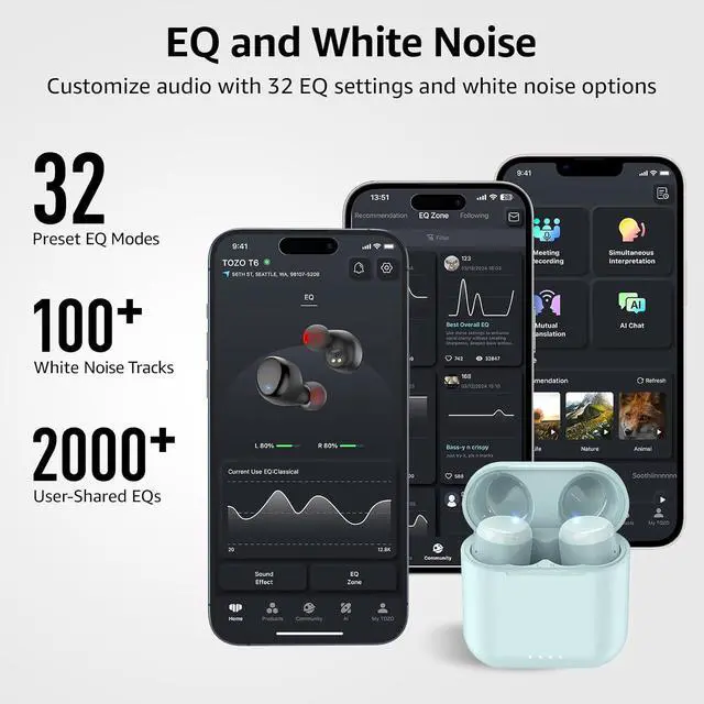 Alt view image 6 of 7 - T6 Wireless Earbuds, Bluetooth 5.3 Ear Buds, Stereo Sound in Ear Headphones, 50 Hours Playtime, Wireless Charging Case, APP Customizable EQs, IPX8 Waterproof Earphones