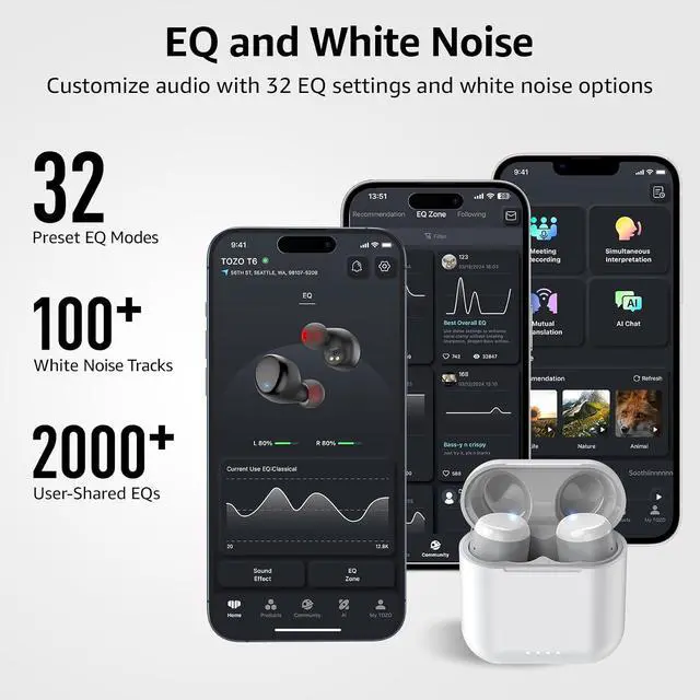 Alt view image 6 of 7 - T6 Wireless Earbuds, Bluetooth 5.3 Ear Buds, Stereo Sound in Ear Headphones, 50 Hours Playtime, Wireless Charging Case, APP Customizable EQs, IPX8 Waterproof Earphones
